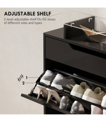HOMCOM Shoe Cabinet with 3 Drawers, High Gloss Front Panels, Glass Top Black