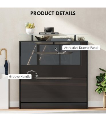 HOMCOM Shoe Cabinet with 3 Drawers, High Gloss Front Panels, Glass Top Black