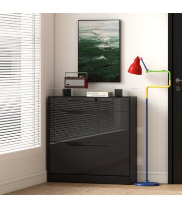 HOMCOM Shoe Cabinet with 3 Drawers, High Gloss Front Panels, Glass Top Black