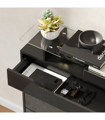 HOMCOM Shoe Cabinet with 3 Drawers, High Gloss Front Panels, Glass Top Black