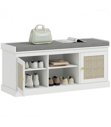 HOMCOM Shoe Bench, Boho Shoe Storage Bench with Padded Cushion, White