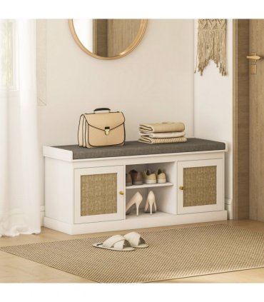 HOMCOM Shoe Bench, Boho Shoe Storage Bench with Padded Cushion, White