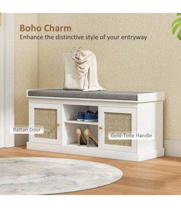 HOMCOM Shoe Bench, Boho Shoe Storage Bench with Padded Cushion, White