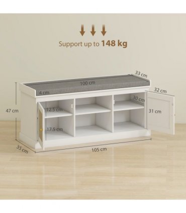 HOMCOM Shoe Bench, Boho Shoe Storage Bench with Padded Cushion, White