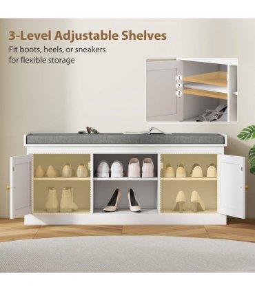 HOMCOM Shoe Bench, Boho Shoe Storage Bench with Padded Cushion, White