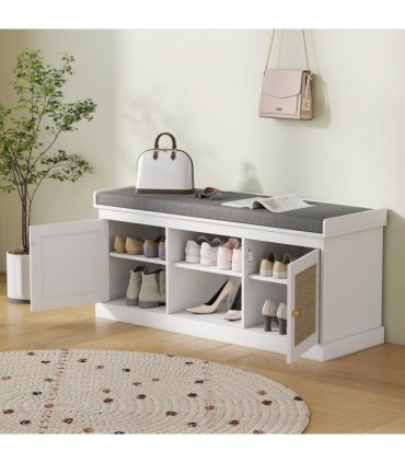 HOMCOM Shoe Bench, Boho Shoe Storage Bench with Padded Cushion, White