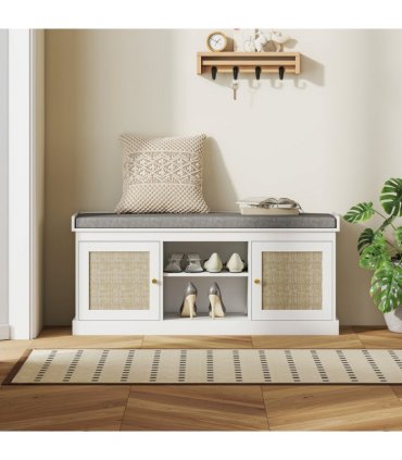 HOMCOM Shoe Bench, Boho Shoe Storage Bench with Padded Cushion, White