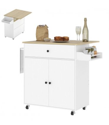 HOMCOM Kitchen Island with Drop Leaf, Rolling Kitchen Storage Trolley, White