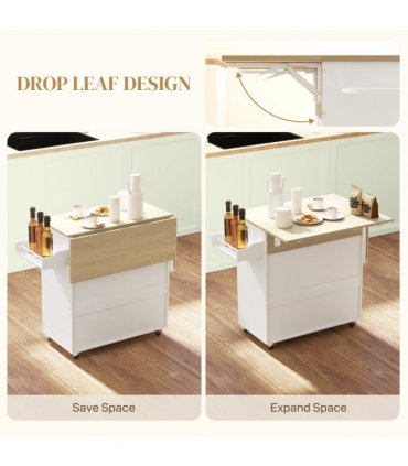 HOMCOM Kitchen Island with Drop Leaf, Rolling Kitchen Storage Trolley, White