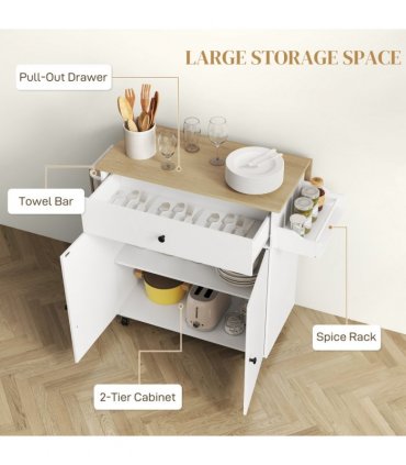 HOMCOM Kitchen Island with Drop Leaf, Rolling Kitchen Storage Trolley, White