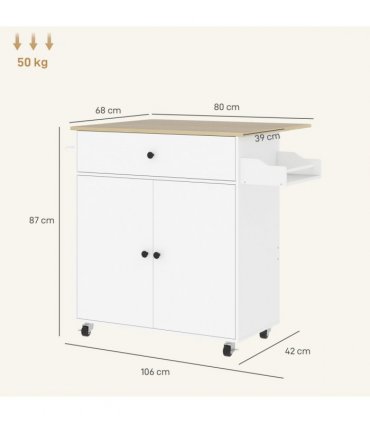 HOMCOM Kitchen Island with Drop Leaf, Rolling Kitchen Storage Trolley, White