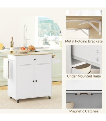 HOMCOM Kitchen Island with Drop Leaf, Rolling Kitchen Storage Trolley, White