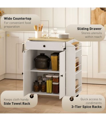 HOMCOM Kitchen Island with 3-Tier Spice Rack, Kitchen Cart with Towel Rack