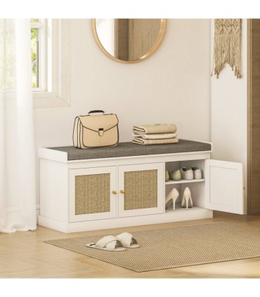 HOMCOM Shoe Storage Bench with Rattan Doors, Cushion, Entryway Shoe Bench