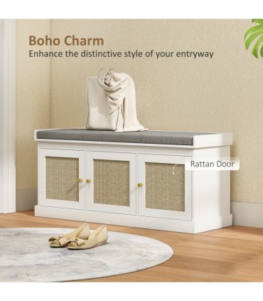 HOMCOM Shoe Storage Bench with Rattan Doors, Cushion, Entryway Shoe Bench