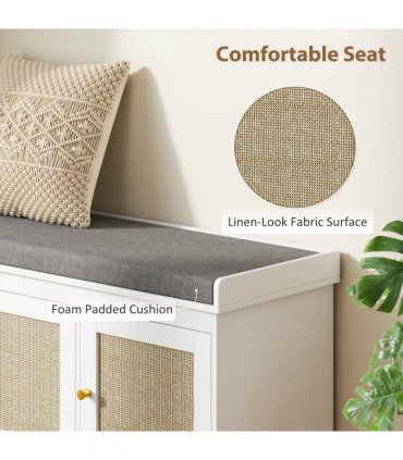 HOMCOM Shoe Storage Bench with Rattan Doors, Cushion, Entryway Shoe Bench