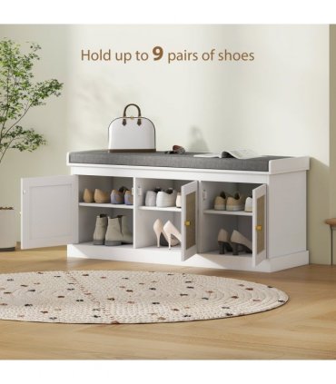 HOMCOM Shoe Storage Bench with Rattan Doors, Cushion, Entryway Shoe Bench