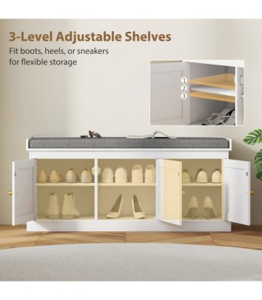 HOMCOM Shoe Storage Bench with Rattan Doors, Cushion, Entryway Shoe Bench