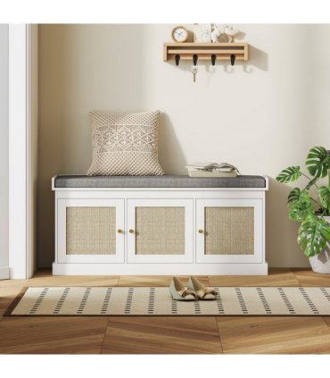 HOMCOM Shoe Storage Bench with Rattan Doors, Cushion, Entryway Shoe Bench