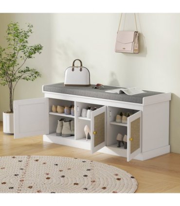 HOMCOM Shoe Storage Bench with Rattan Doors, Cushion, Entryway Shoe Bench