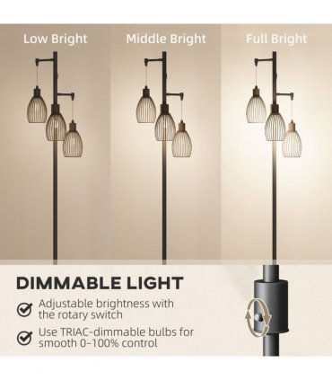 HOMCOM Industrial 3-Light Floor Lamp Dimmable LED Standing Lamp, Black