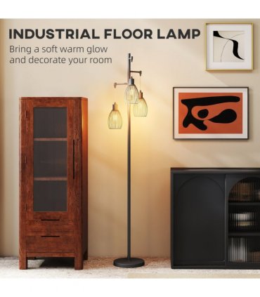 HOMCOM Industrial 3-Light Floor Lamp Dimmable LED Standing Lamp, Black