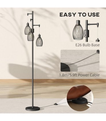 HOMCOM Industrial 3-Light Floor Lamp Dimmable LED Standing Lamp, Black