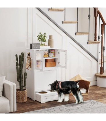 PawHut Dog Feeding Station with 2 Storage Cabinets, 2 Elevated Bowls, White