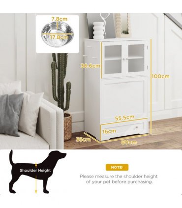 PawHut Dog Feeding Station with 2 Storage Cabinets, 2 Elevated Bowls, White