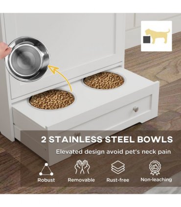 PawHut Dog Feeding Station with 2 Storage Cabinets, 2 Elevated Bowls, White