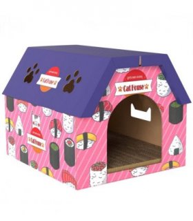 PawHut 2-in-1 Cat Scratching Board House with 4 Paw-Shaped Vents, Pink