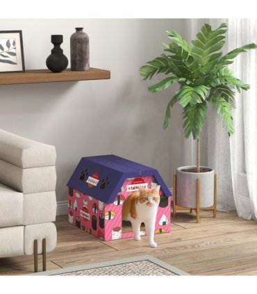 PawHut 2-in-1 Cat Scratching Board House with 4 Paw-Shaped Vents, Pink
