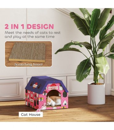 PawHut 2-in-1 Cat Scratching Board House with 4 Paw-Shaped Vents, Pink