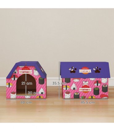 PawHut 2-in-1 Cat Scratching Board House with 4 Paw-Shaped Vents, Pink