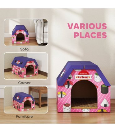 PawHut 2-in-1 Cat Scratching Board House with 4 Paw-Shaped Vents, Pink