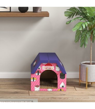 PawHut 2-in-1 Cat Scratching Board House with 4 Paw-Shaped Vents, Pink