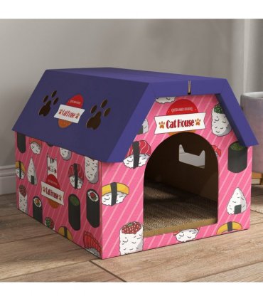 PawHut 2-in-1 Cat Scratching Board House with 4 Paw-Shaped Vents, Pink