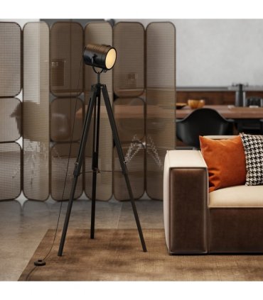 HOMCOM Industrial Tripod Floor Lamp Wood Height Adjustable Spotlight, Black