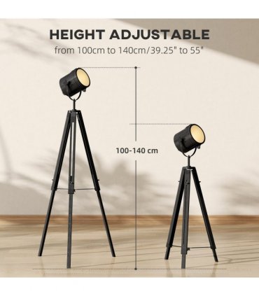 HOMCOM Industrial Tripod Floor Lamp Wood Height Adjustable Spotlight, Black