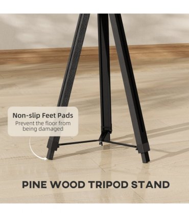 HOMCOM Industrial Tripod Floor Lamp Wood Height Adjustable Spotlight, Black