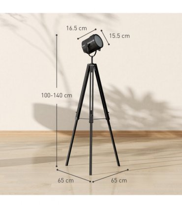 HOMCOM Industrial Tripod Floor Lamp Wood Height Adjustable Spotlight, Black
