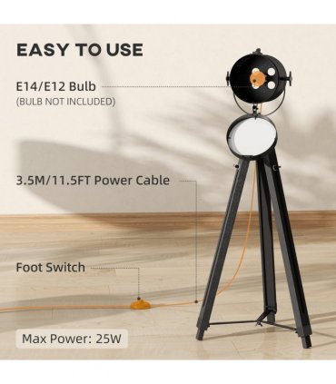 HOMCOM Industrial Tripod Floor Lamp Wood Height Adjustable Spotlight, Black
