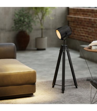 HOMCOM Industrial Tripod Floor Lamp Wood Height Adjustable Spotlight, Black