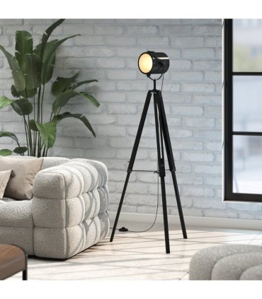 HOMCOM Industrial Tripod Floor Lamp Wood Height Adjustable Spotlight, Black
