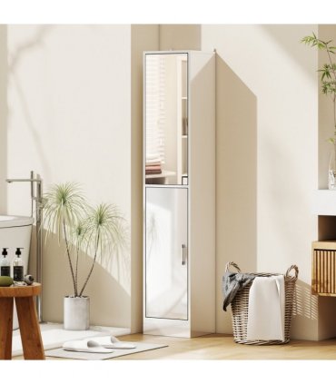 kleankin Tall Bathroom Cabinet with Mirror, High Gloss White
