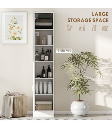 kleankin Tall Bathroom Cabinet with Mirror, High Gloss White