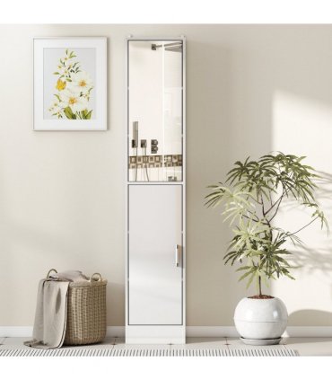 kleankin Tall Bathroom Cabinet with Mirror, High Gloss White