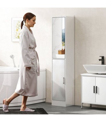 kleankin Tall Bathroom Cabinet with Mirror, High Gloss White