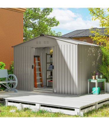 Outsunny 9 x 6FT Galvanised Garden Storage Shed with Sliding Door, Grey