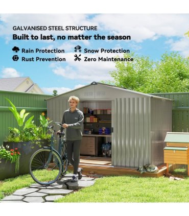 Outsunny 9 x 6FT Galvanised Garden Storage Shed with Sliding Door, Grey